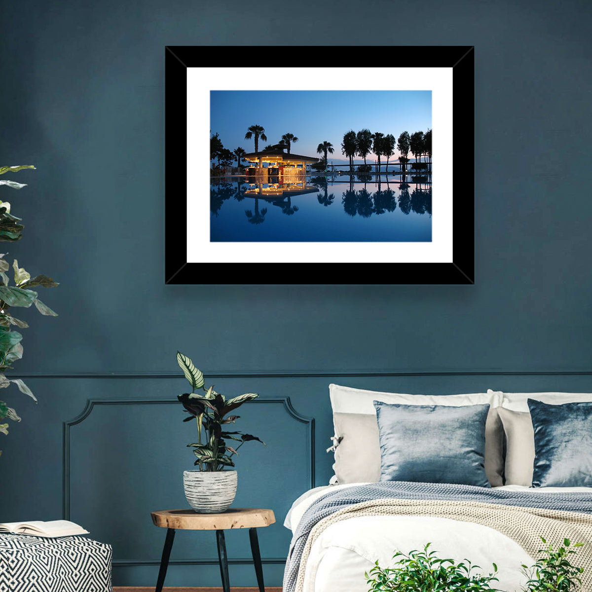 Twilight Poolside Bar Wall Art in a room, landscape