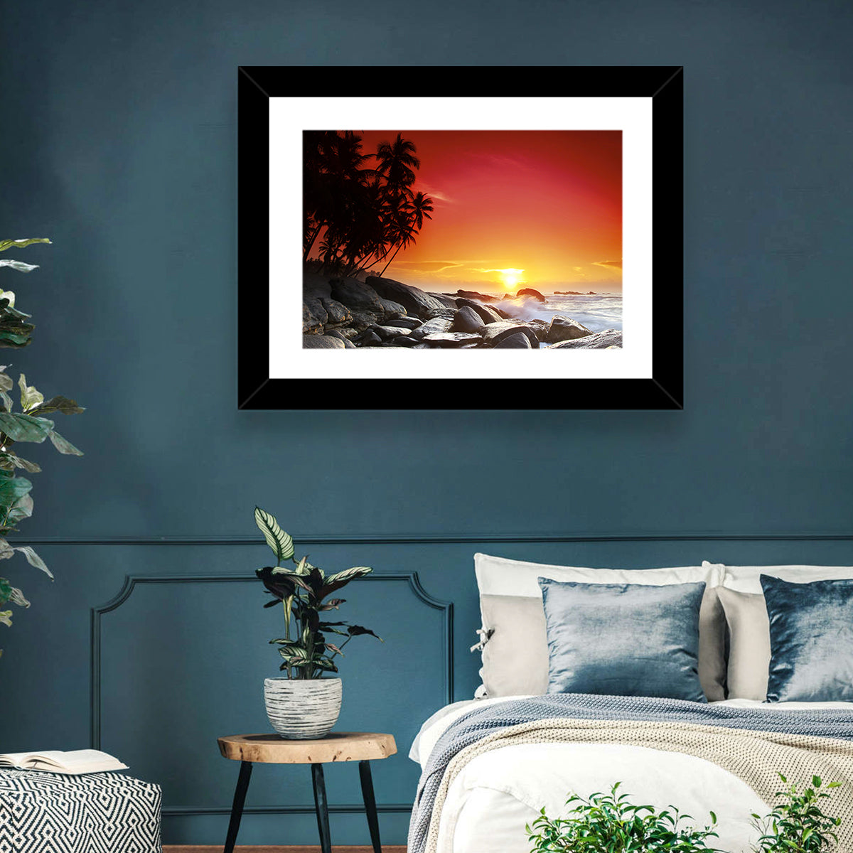Tropical Island Sunset Wall Art in a room, landscape