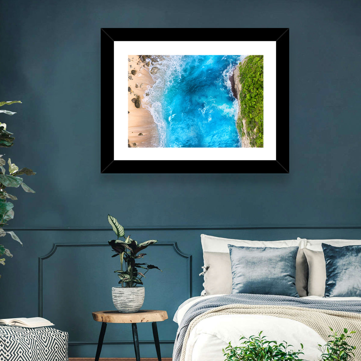 Aerial Turquoise Beach Cliffs Wall Art in a room, landscape
