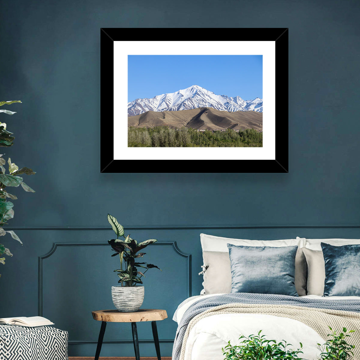 Afghan Snow-capped Peaks Above Forested Foothills Wall Art in a room, landscape