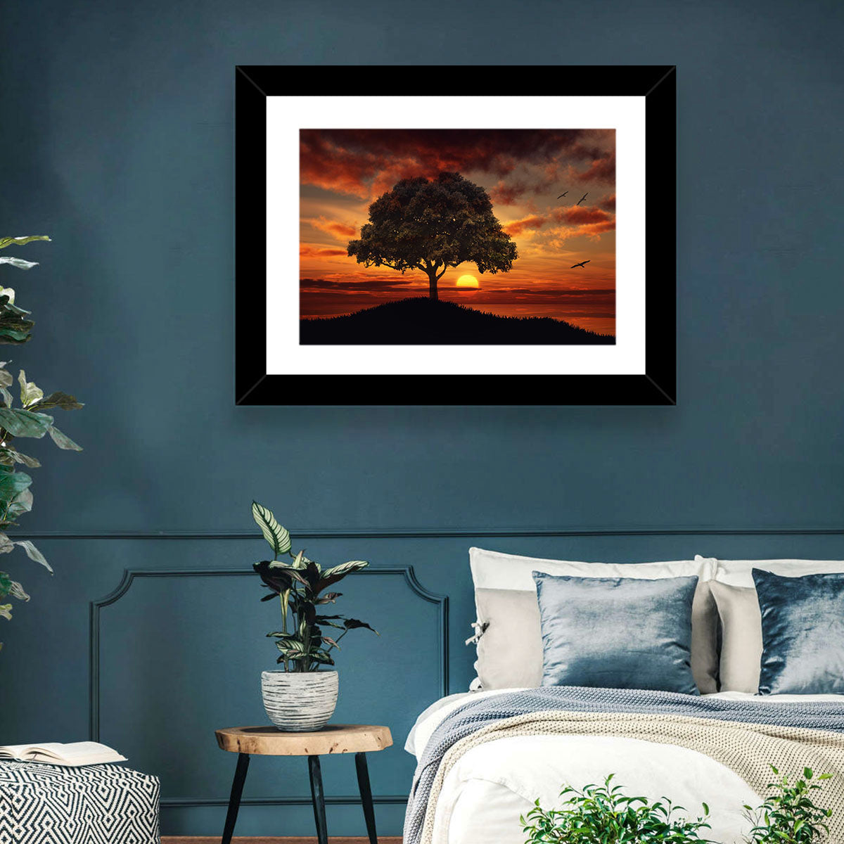 Lone Tree at Sunset with Birds Wall Art in a room, landscape