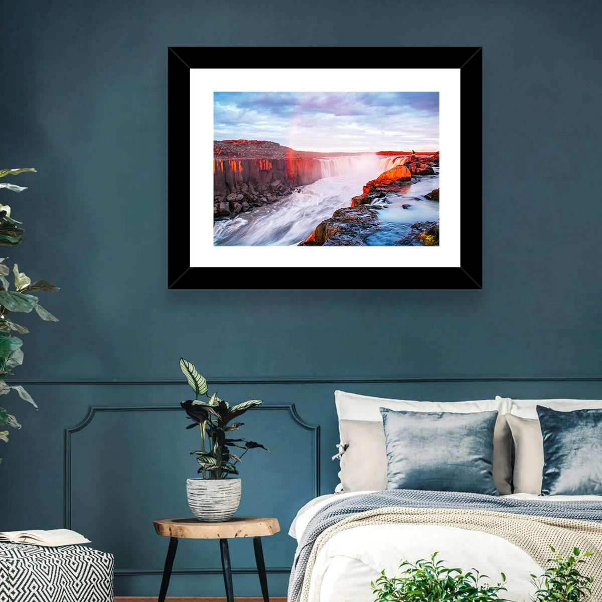 Golden Hour Selfoss Falls Rainbow Wall Art in a room, landscape