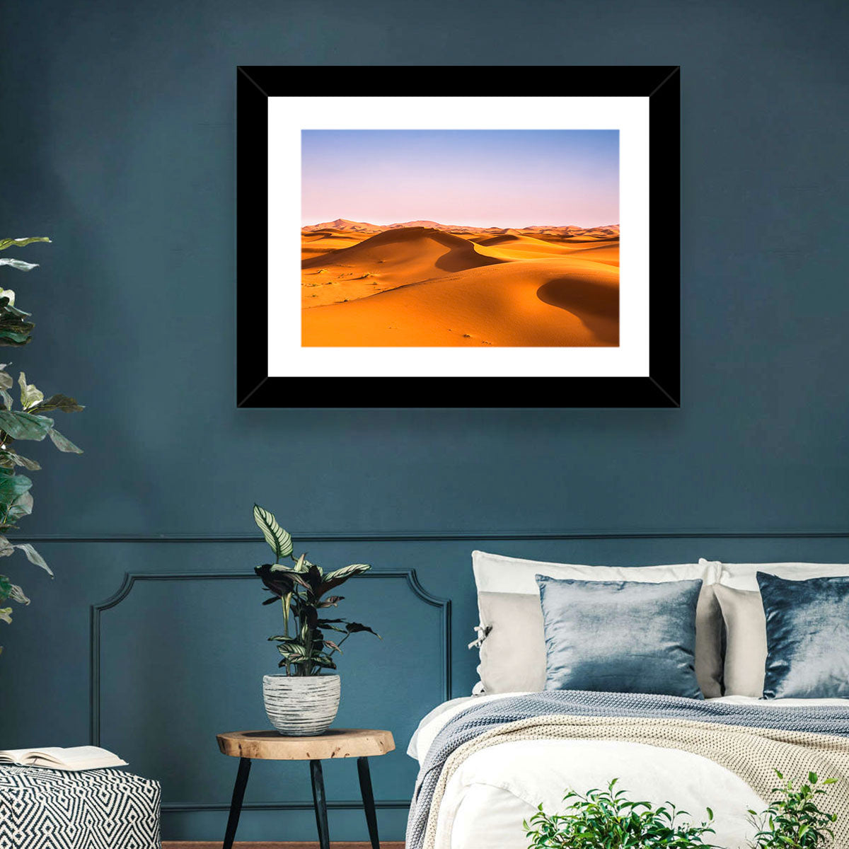 Golden Sahara Dunes Wall Art in a room, landscape