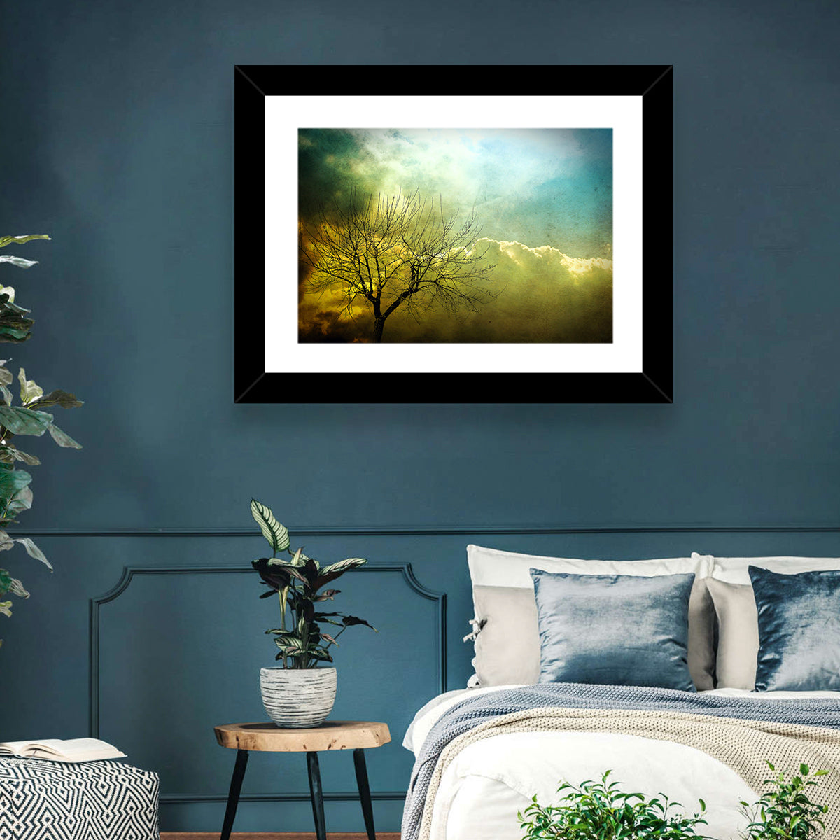 Moody Winter Tree Landscape Wall Art in a room, landscape
