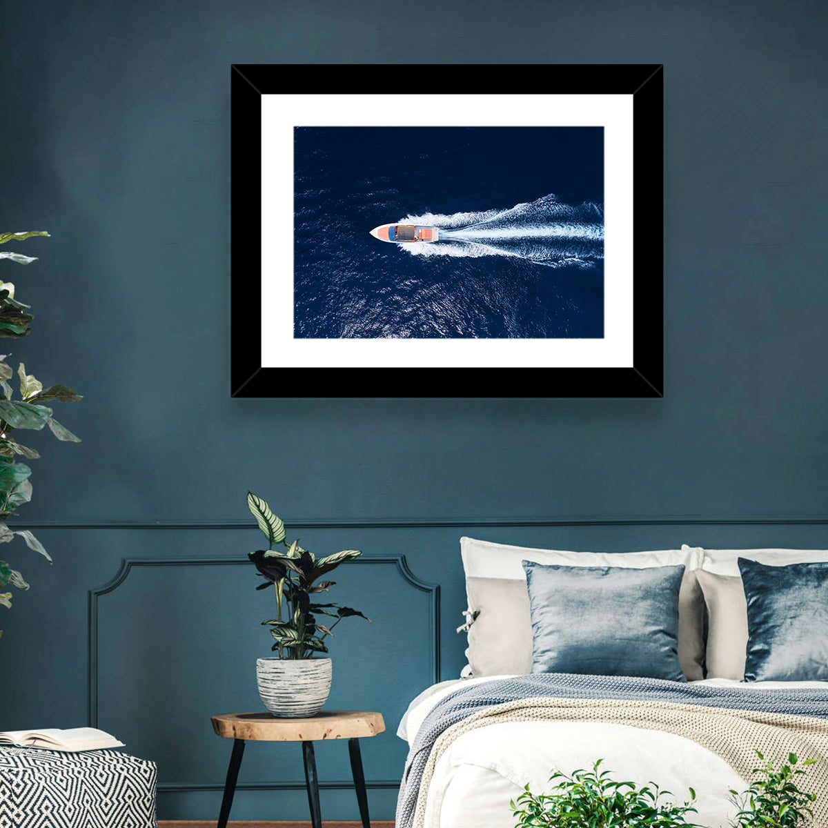 Sleek Speedboat Over Navy Sea Wall Art in a room, landscape