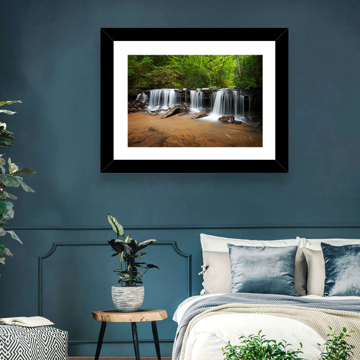 Lush Green Forest Waterfall Wall Art in a room, landscape