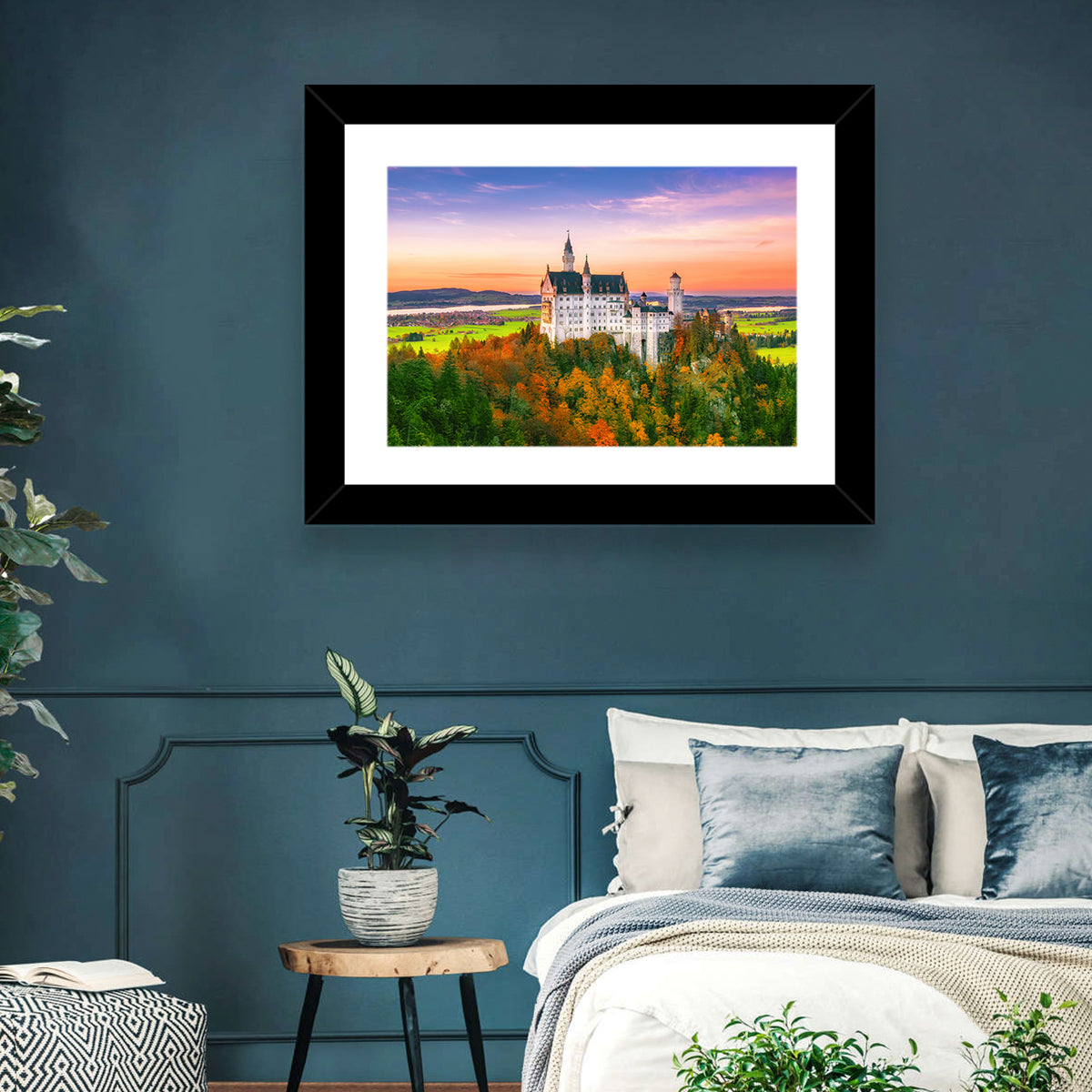 Neuschwanstein Castle at Autumn Sunset Wall Art in a room, landscape