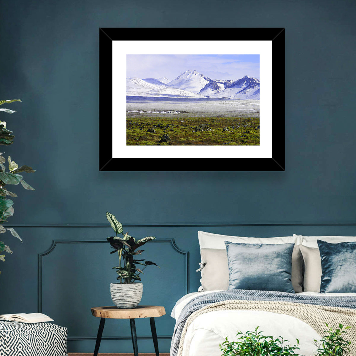 Icelandic Snow and Moss Landscape Wall Art in a room, landscape