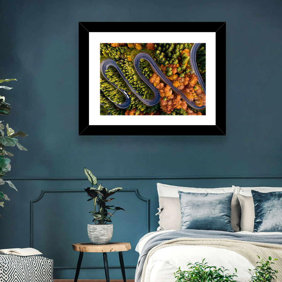 Autumn Aerial Mountain Road Wall Art in a room, landscape