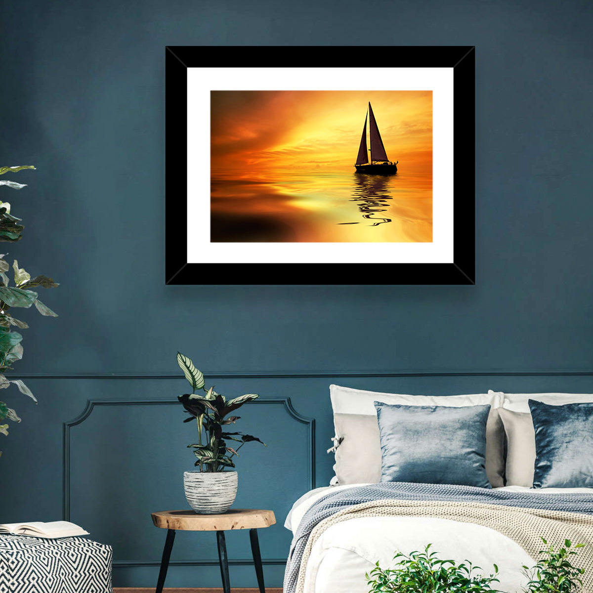 Golden Hour Sailboat Silhouette Wall Art in a room, landscape