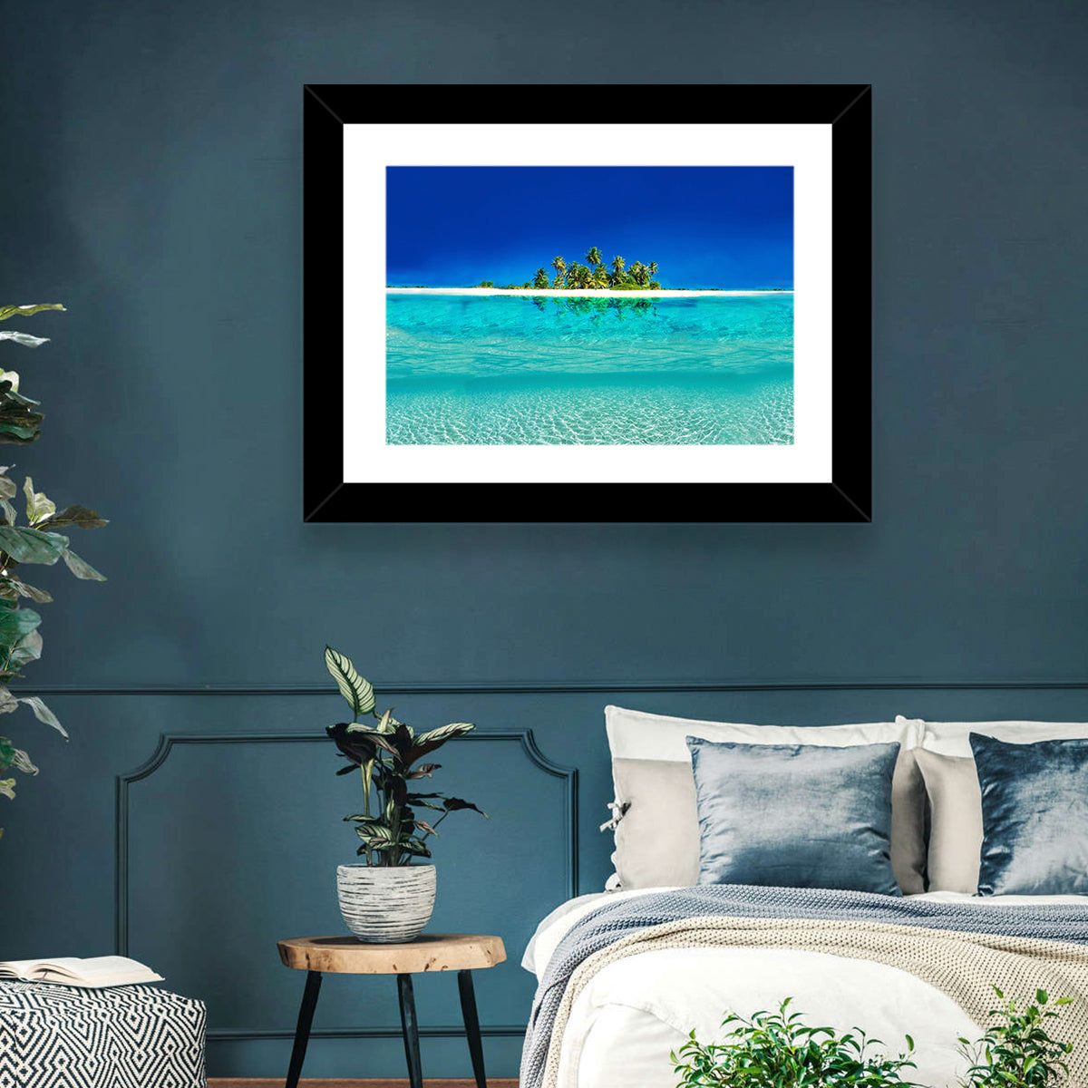 Tranquil Split-level Tropical Island Seascape Wall Art in a room, landscape