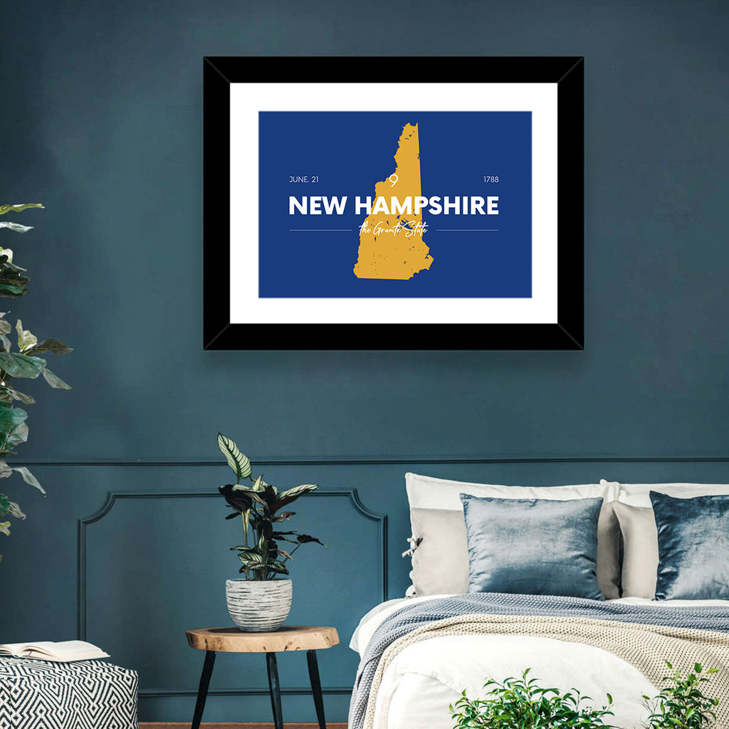 New Hampshire State Map, Blue and Gold Wall Art
