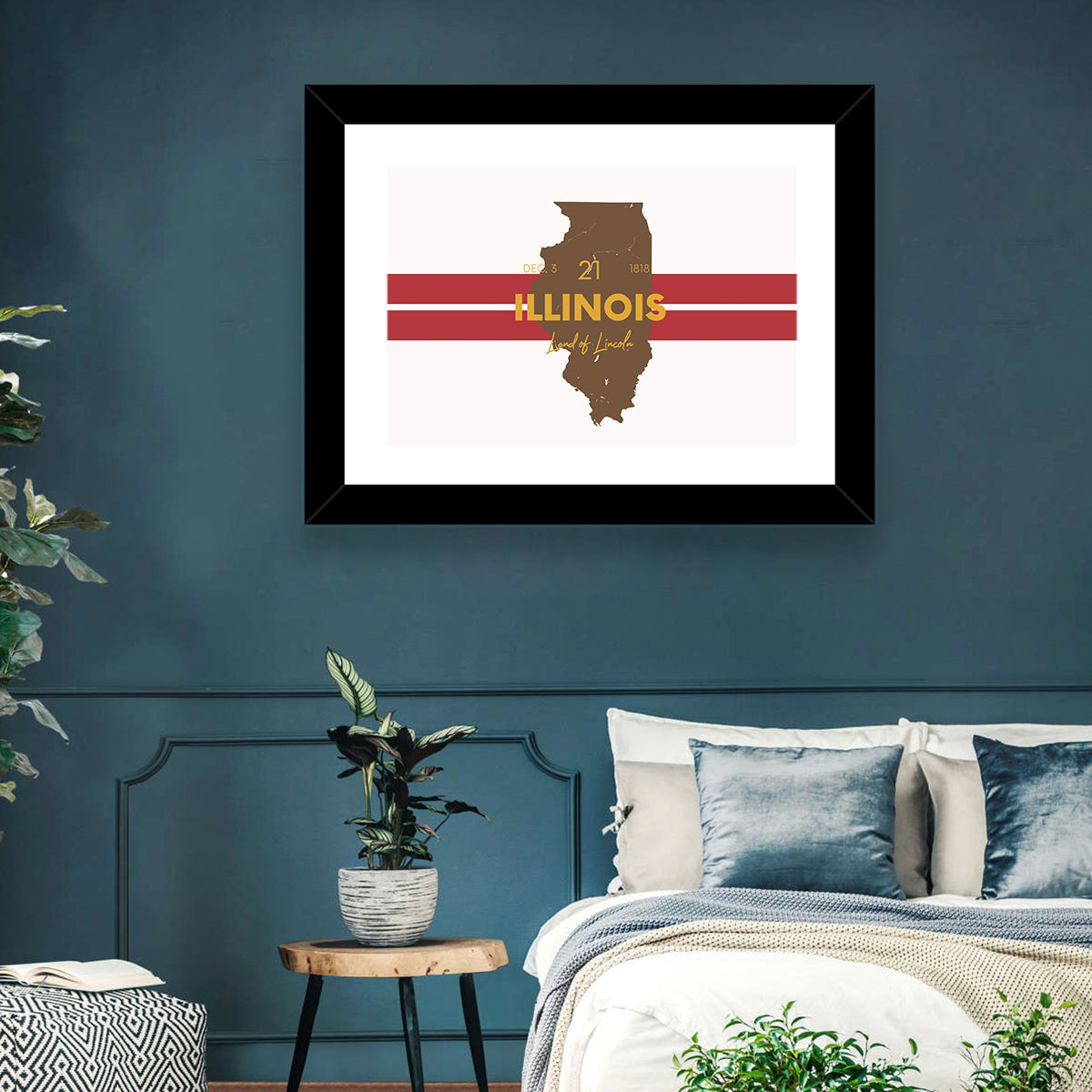 Illinois Map Land of Lincoln Wall Art in a room, landscape