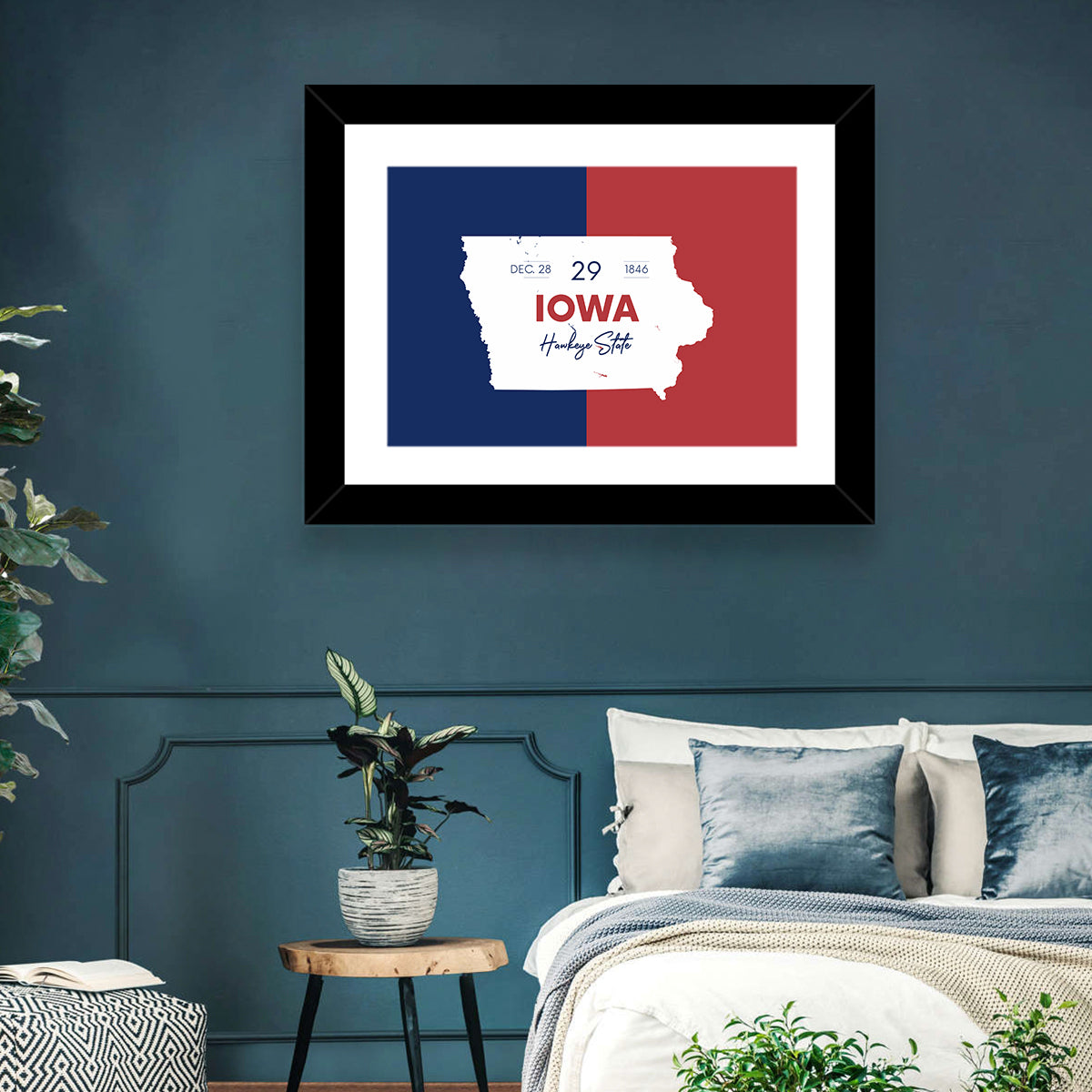 Hawkeye State Map Typography Wall Art in a room, landscape
