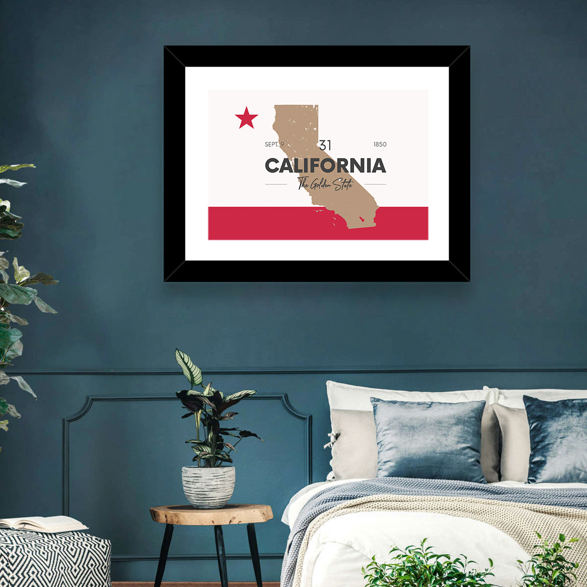 California Map with Red Star Wall Art in a room, landscape