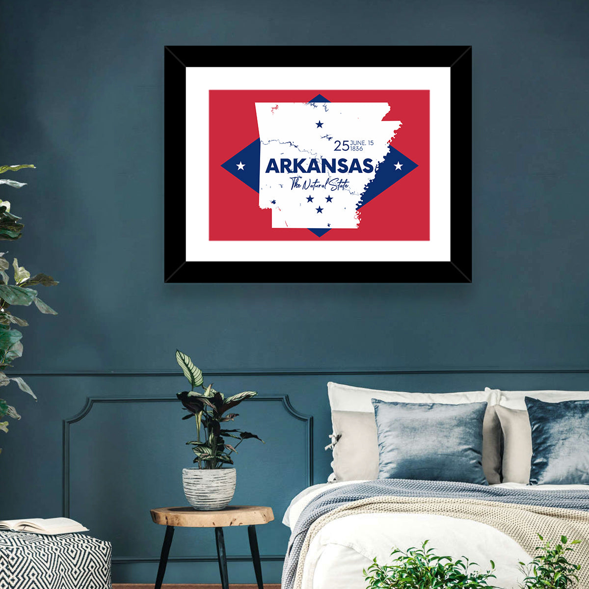 Patriotic Arkansas Map Wall Art in a room, landscape