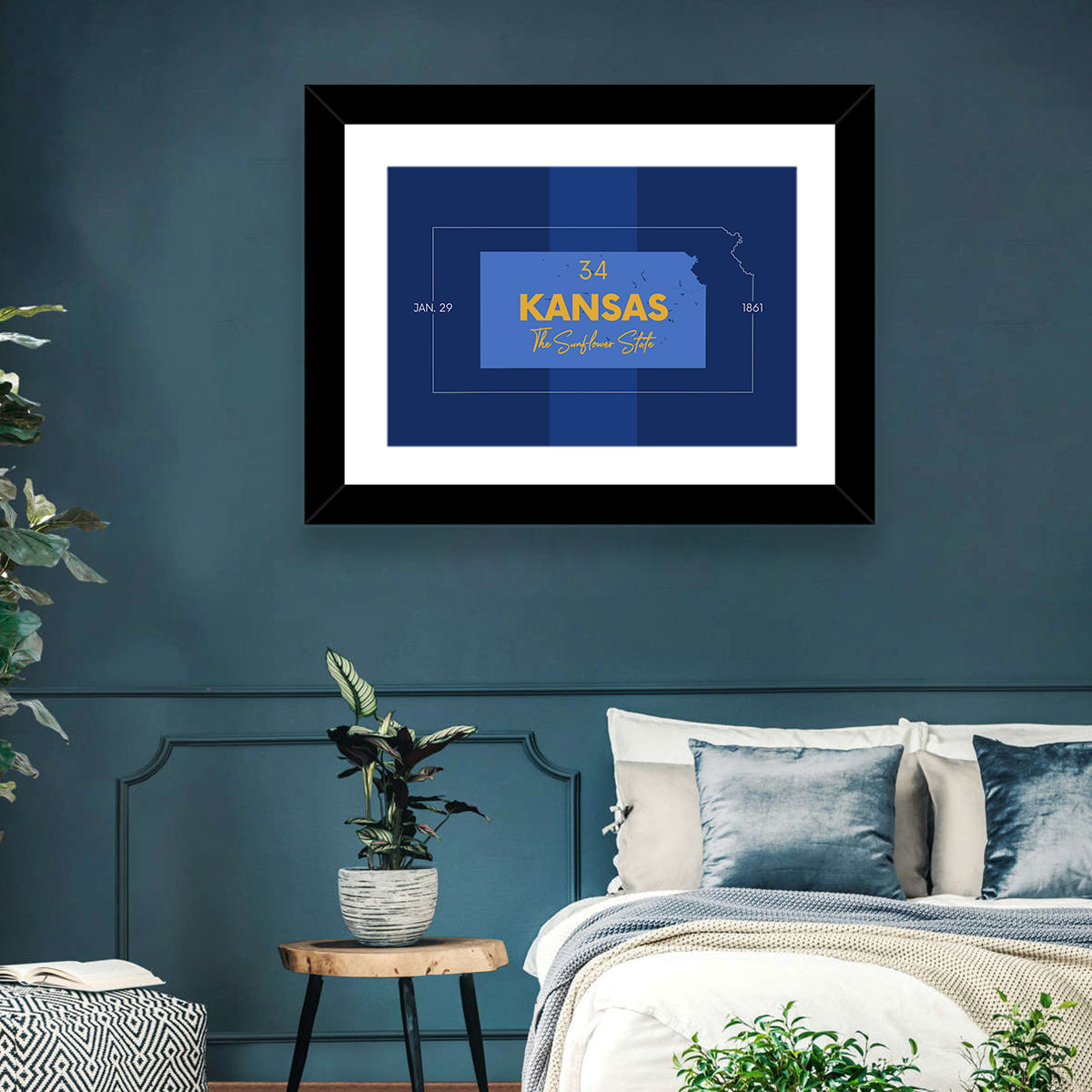 Kansas Typographic Map, Blue and Gold Wall Art in a room, landscape