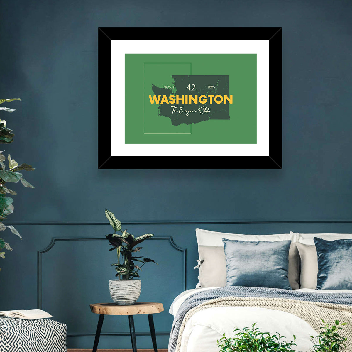 Minimalist Washington State Map Wall Art in a room, landscape