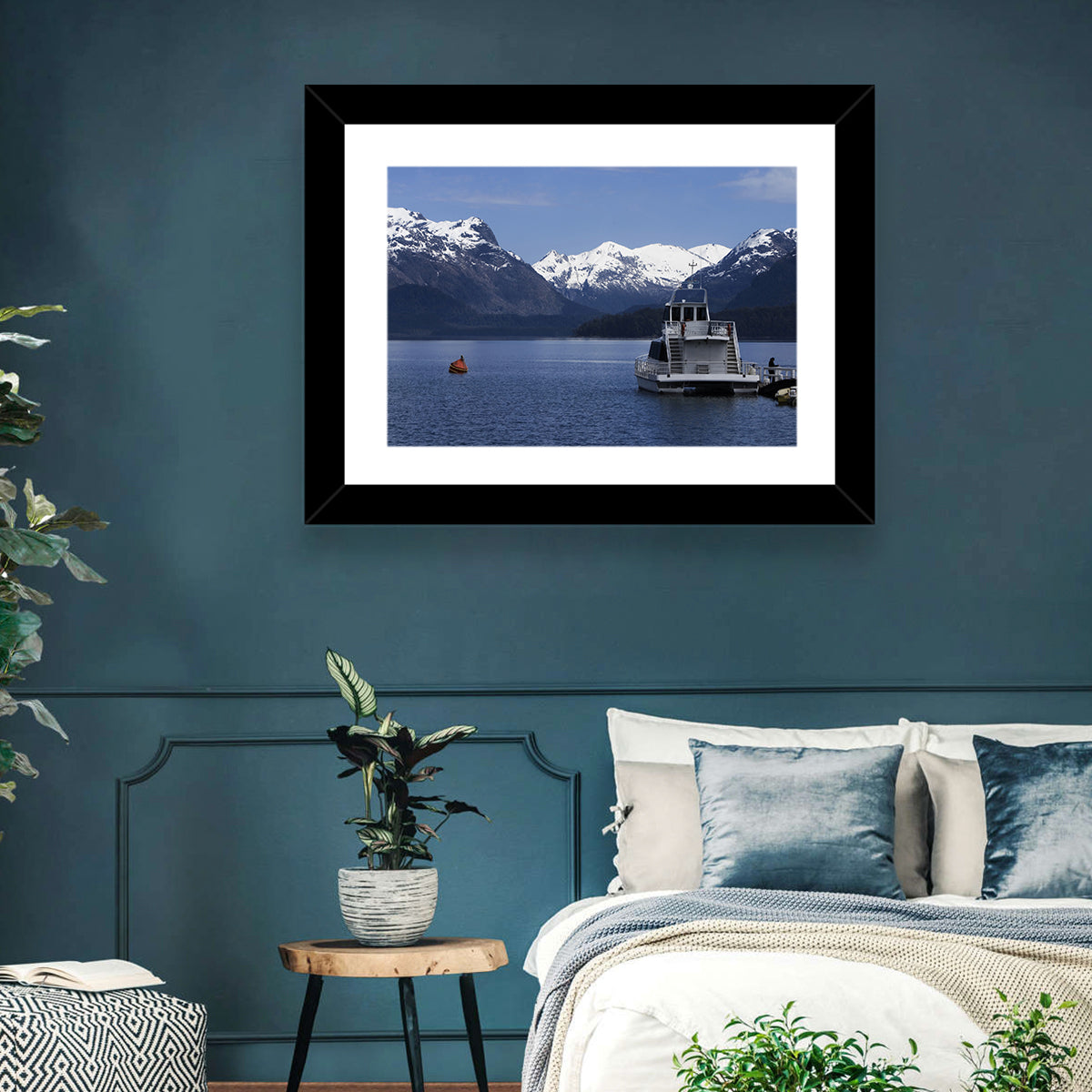 Lake Nahuel Huapi Catamaran and Snow-capped Mountains Wall Art in a room, landscape
