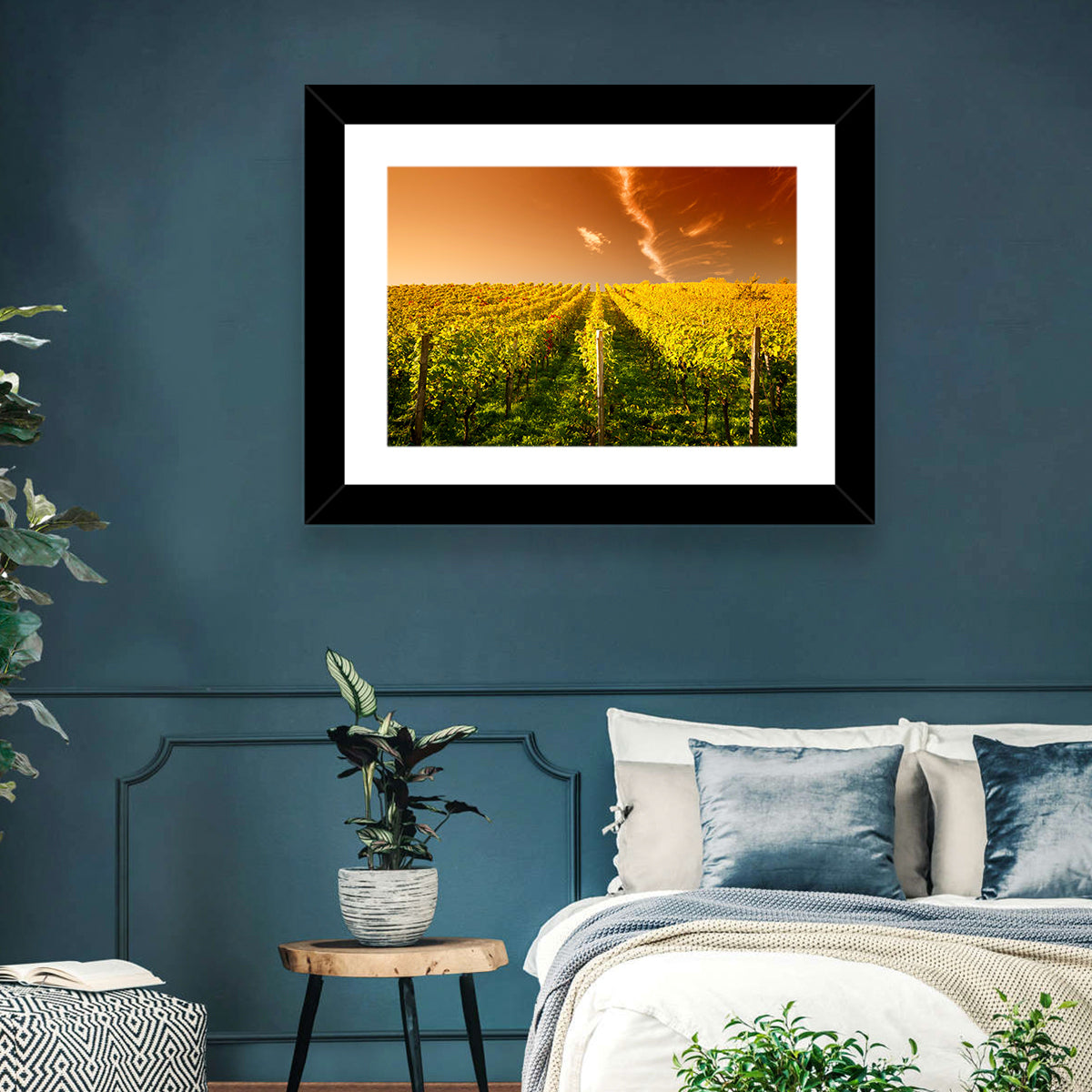 Golden Vineyard Sunset Wall Art in a room, landscape