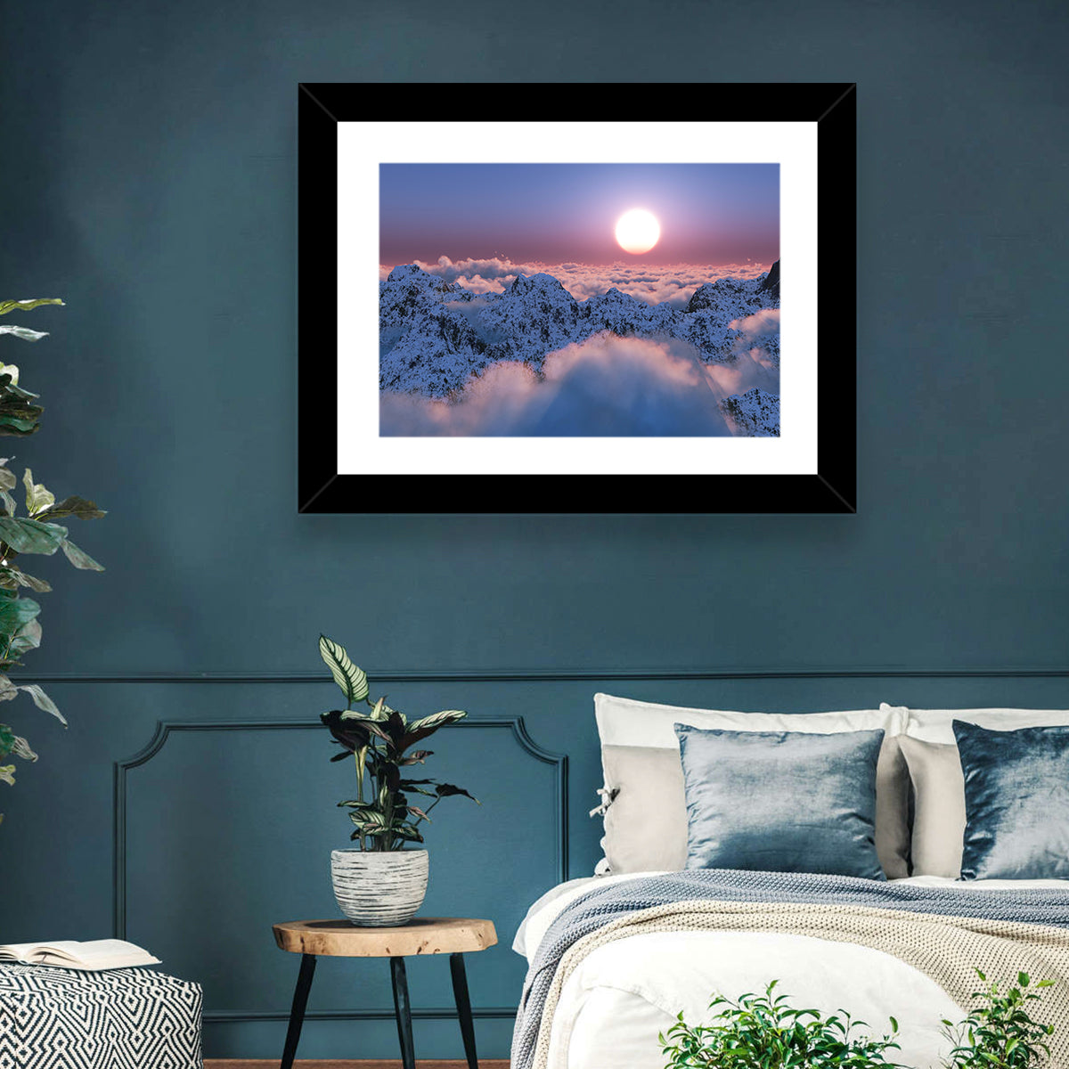 Sunset Above Snowy Mountains Wall Art in a room, landscape