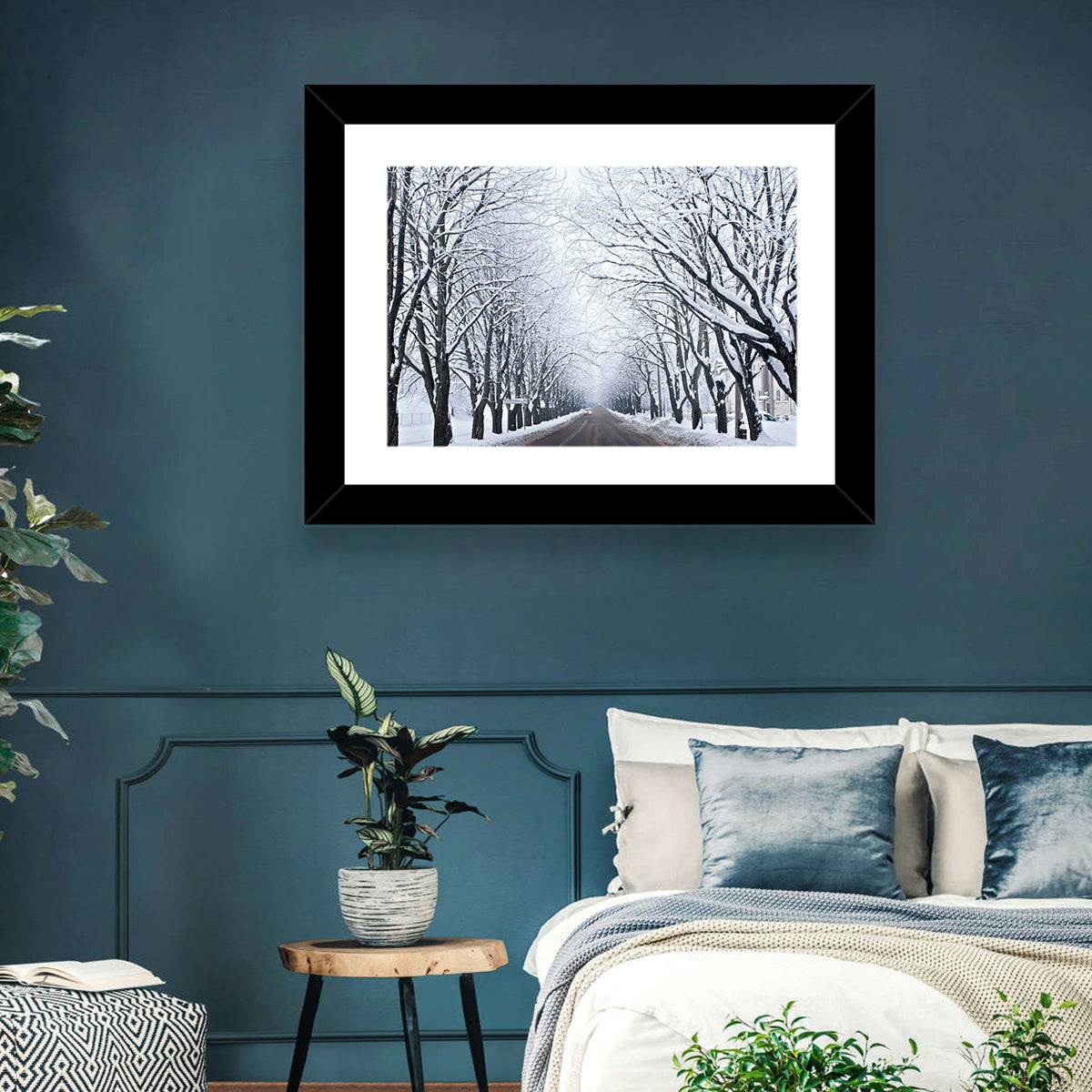 Snowy Road with Distant Headlights Wall Art in a room, landscape