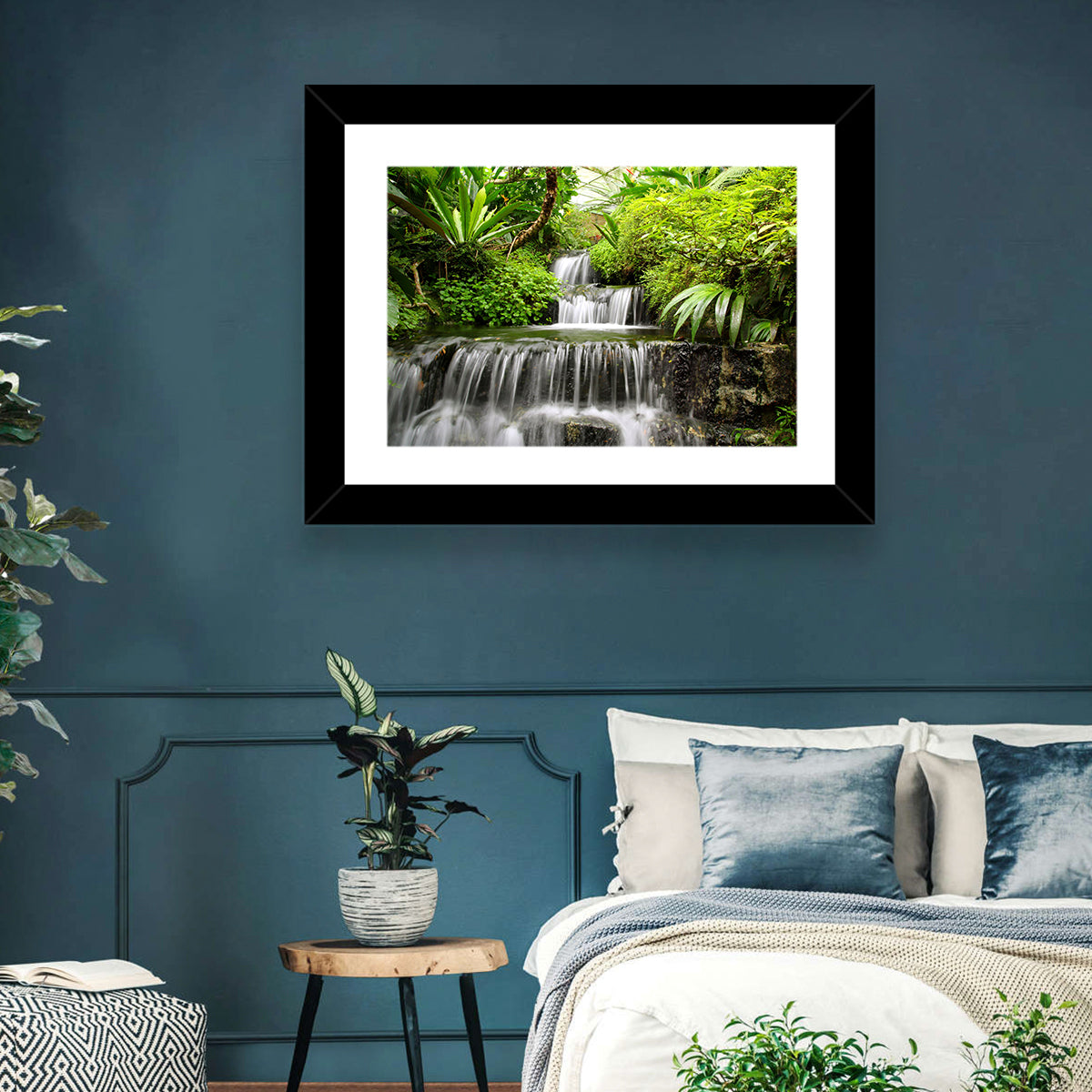 Lush Rainforest Cascade Wall Art in a room, landscape