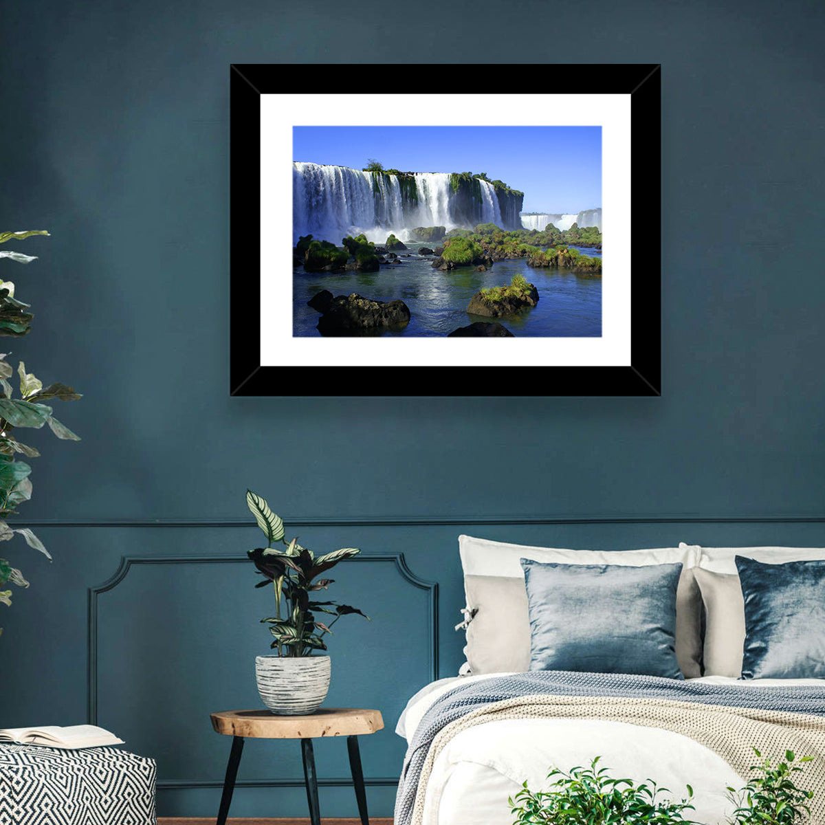 Iguazu Falls Mossy Rocks Wall Art in a room, landscape