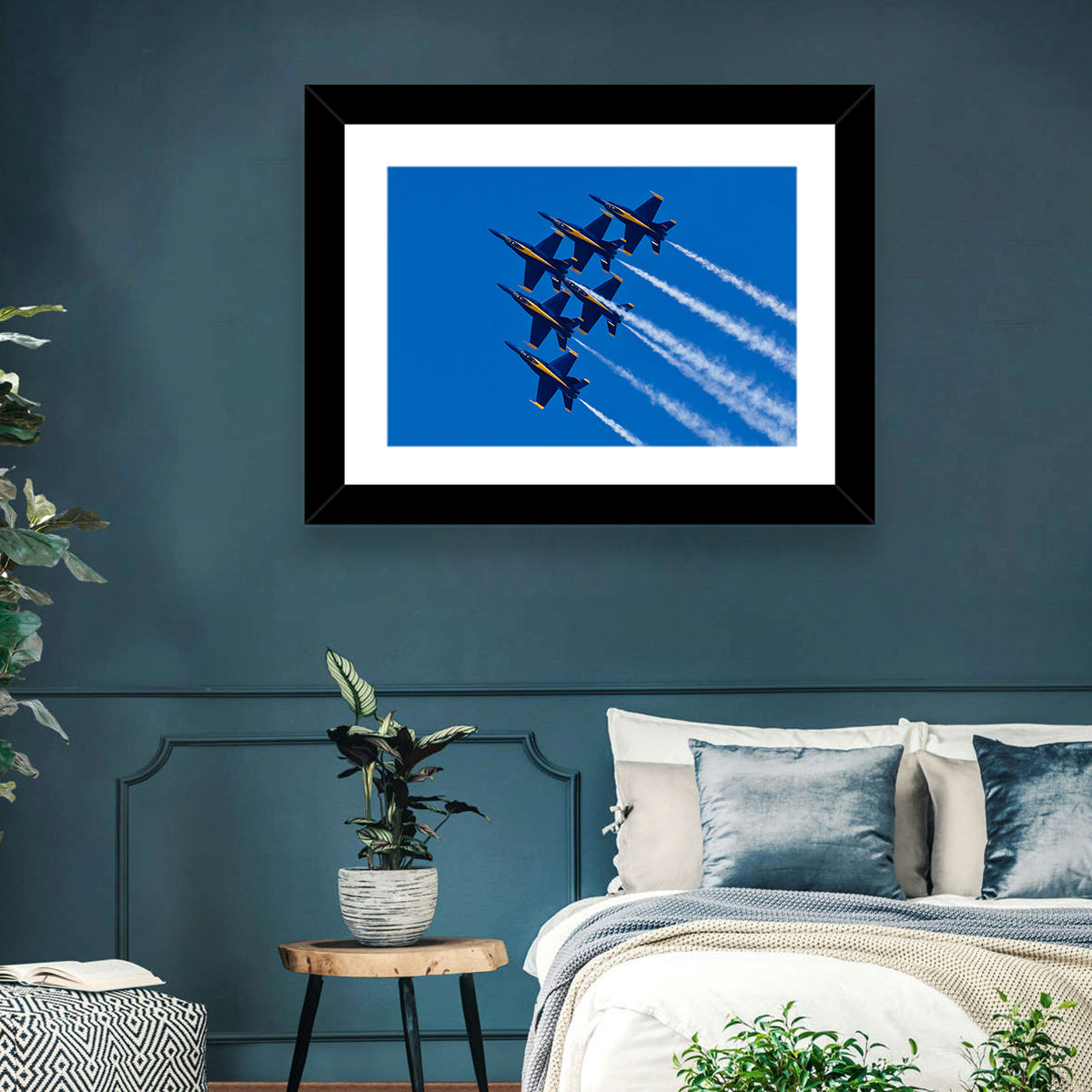 Blue Angels Delta Formation Flyover Wall Art in a room, landscape