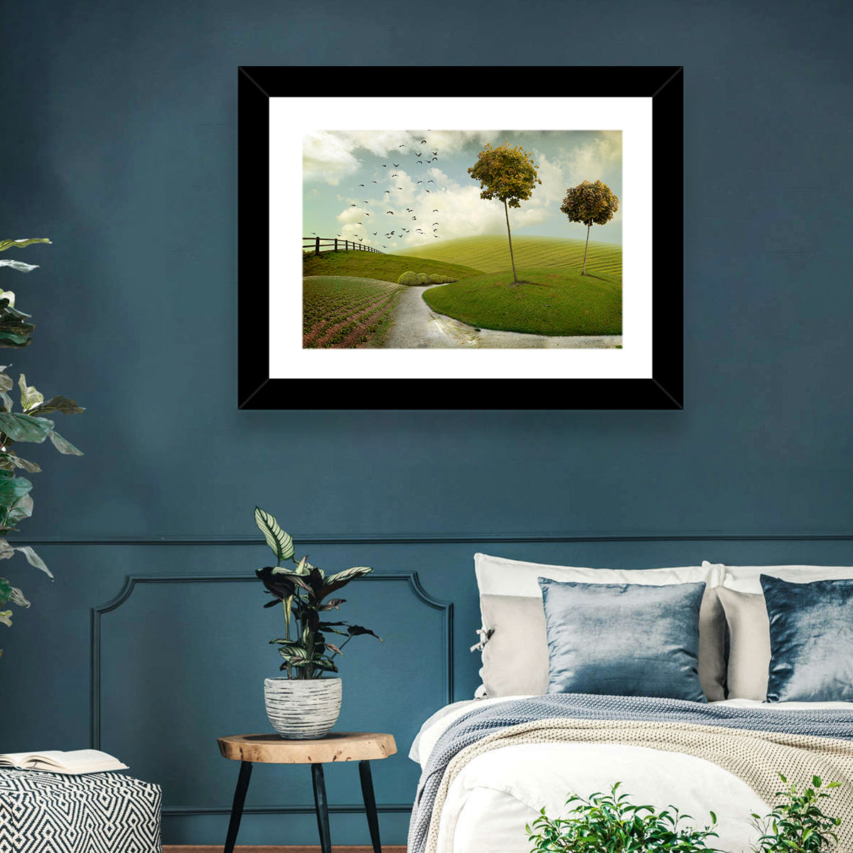 Serene Green Hills Pathscape Wall Art in a room, landscape