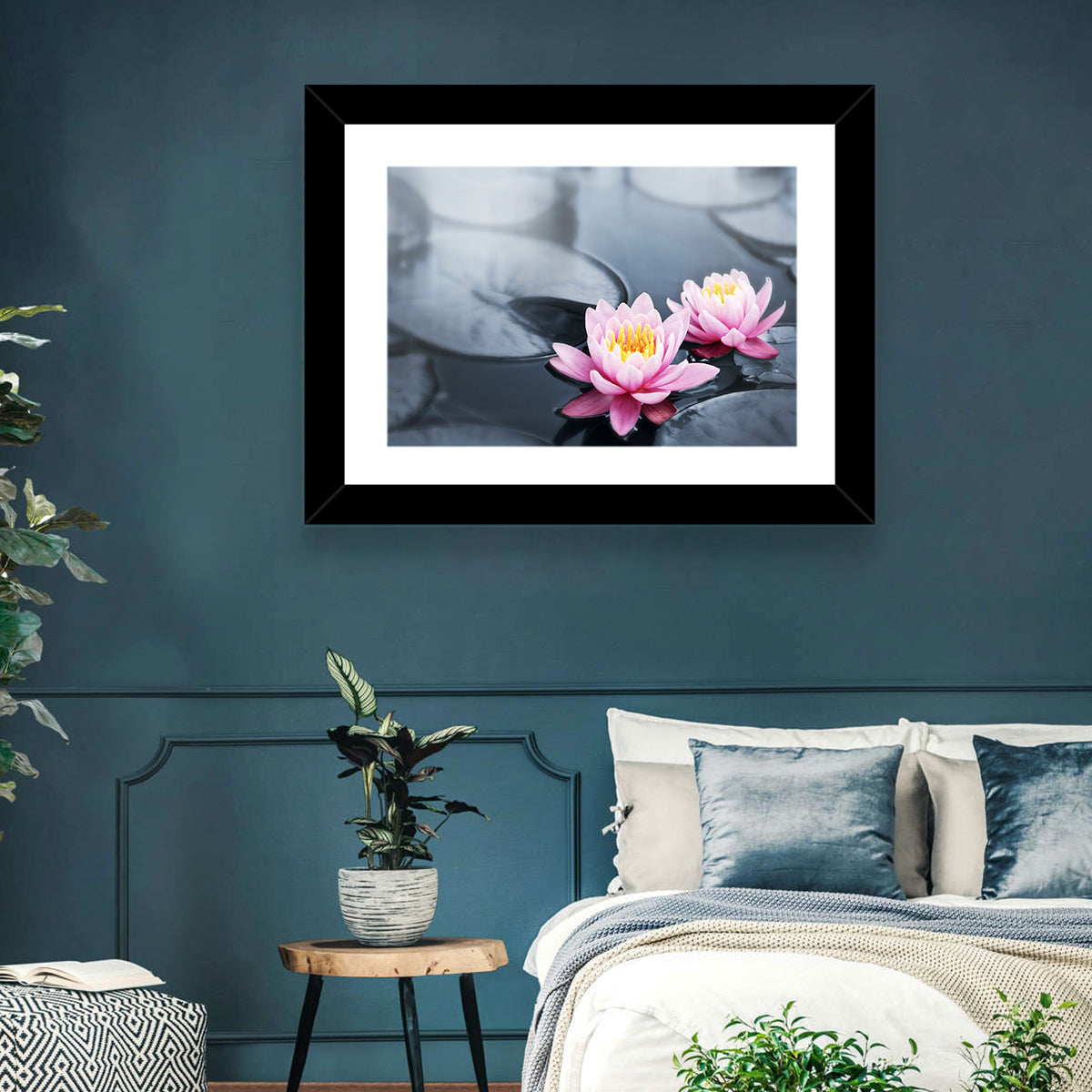 Pink Water Lilies Wall Art in a room, landscape