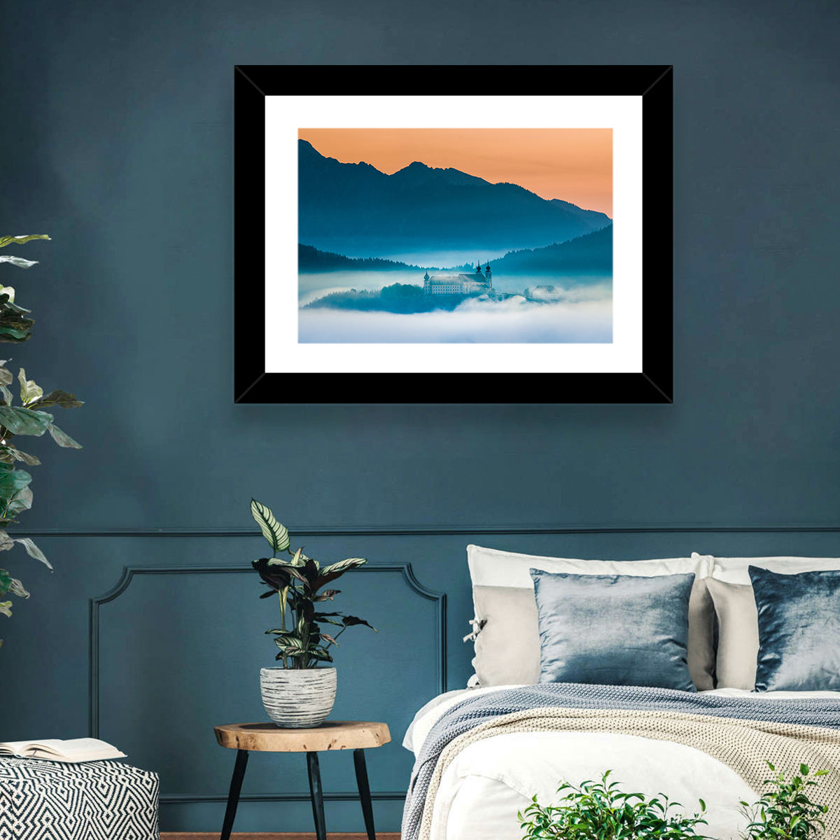 Benediktbeuern Abbey in Morning Fog Wall Art in a room, landscape