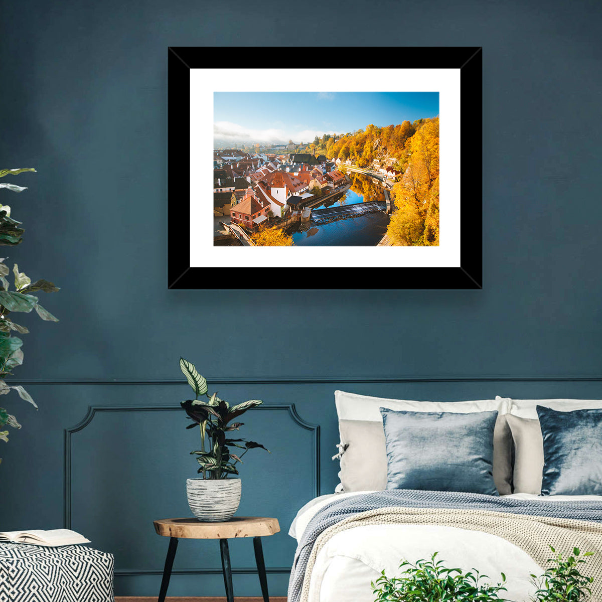 Český Krumlov River Weir in Autumn Wall Art in a room, landscape