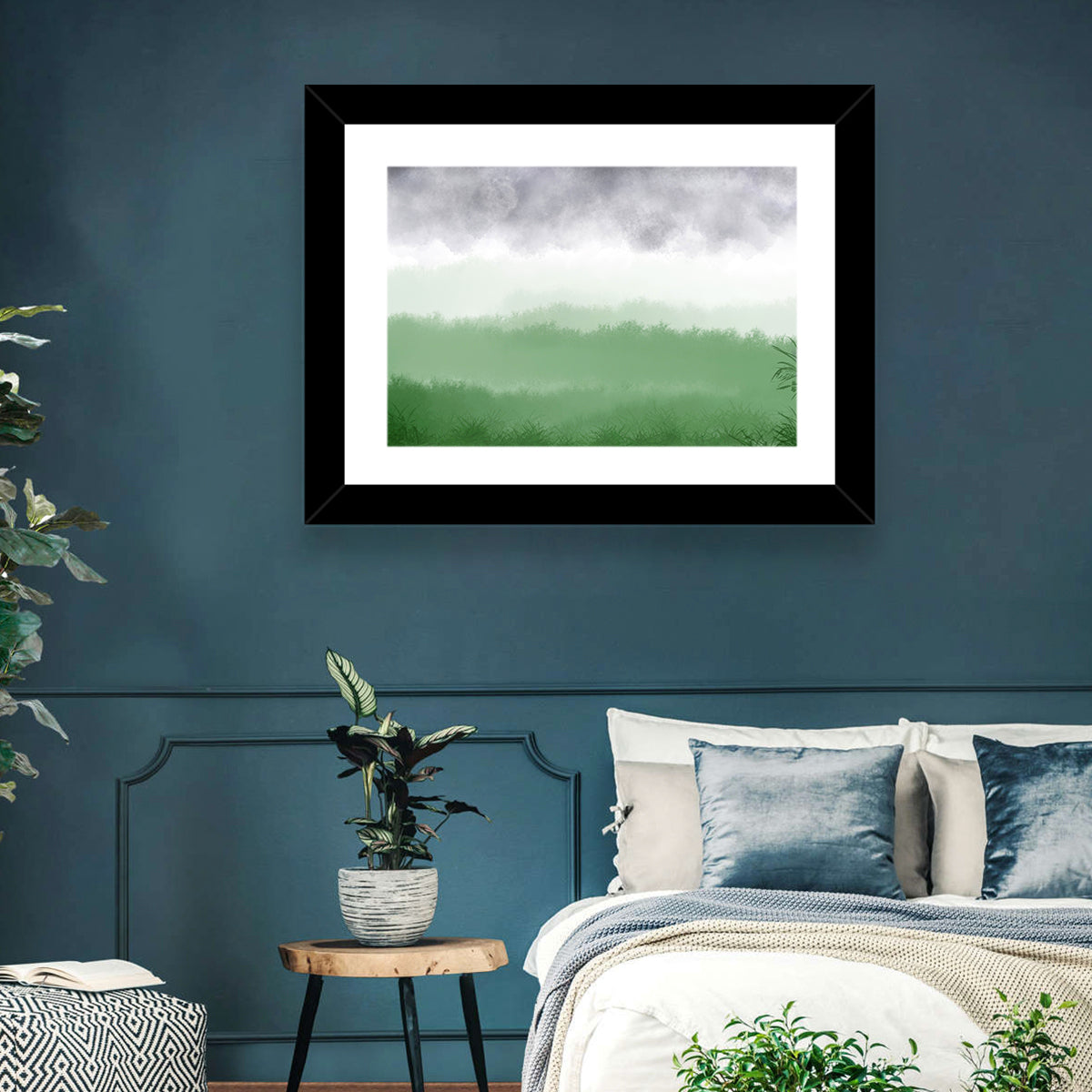 Misty Green Fields Wall Art in a room, landscape