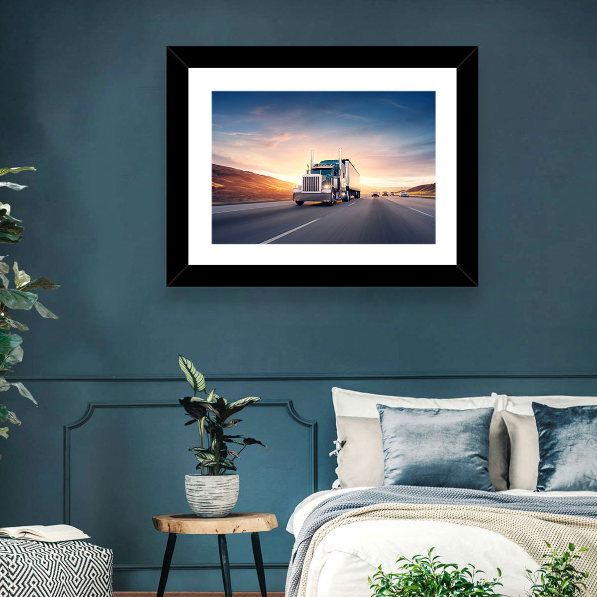 Semi Truck Highway Sunset Wall Art in a room, landscape