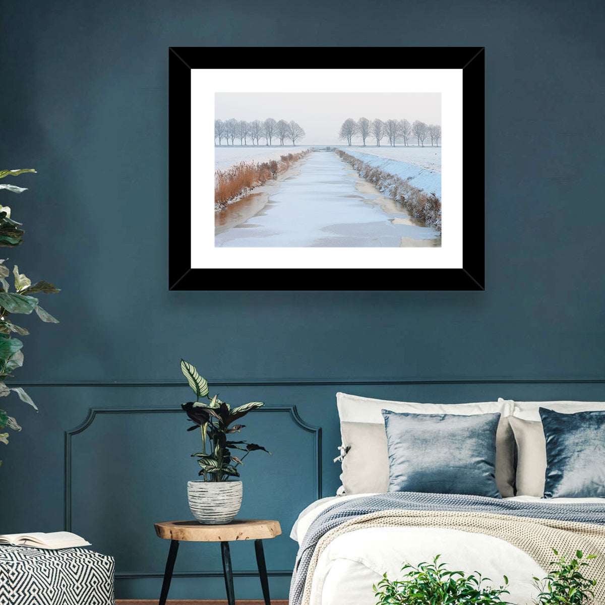 Frozen Canal with Bare Trees Wall Art in a room, landscape