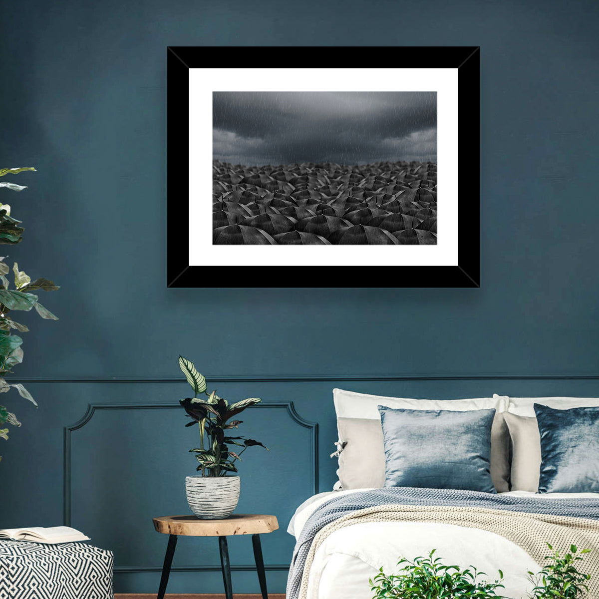 Clustered Umbrellas in Rain Wall Art in a room, landscape