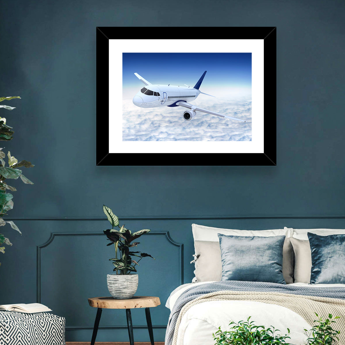 Commercial Jet Above Clouds Wall Art in a room, landscape