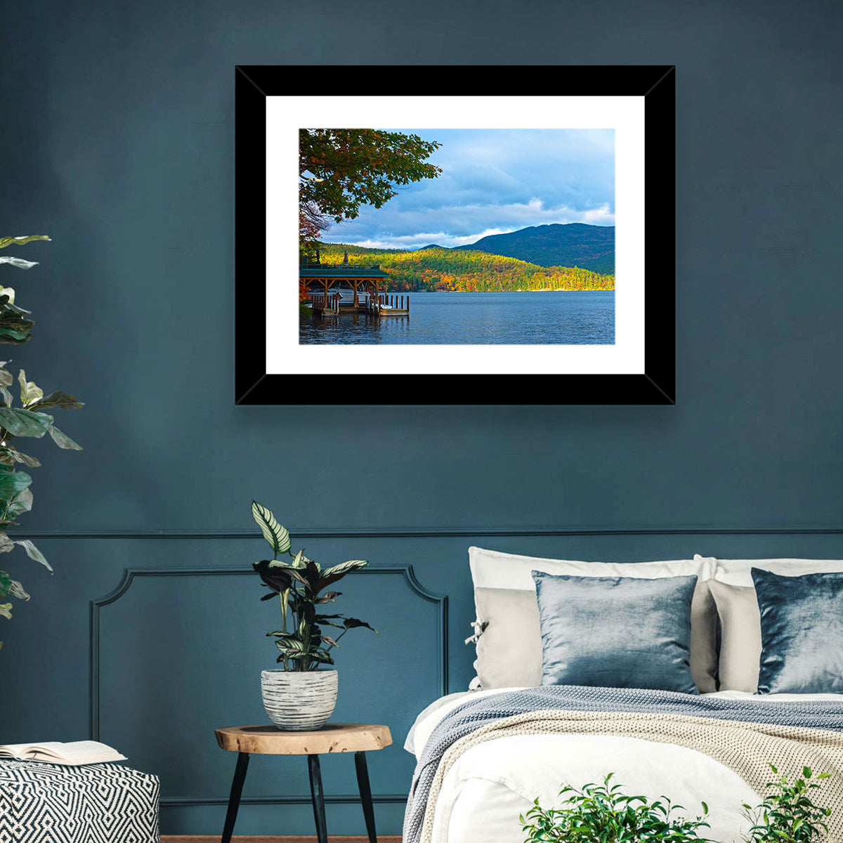 Lake George Boathouse in Autumn Wall Art