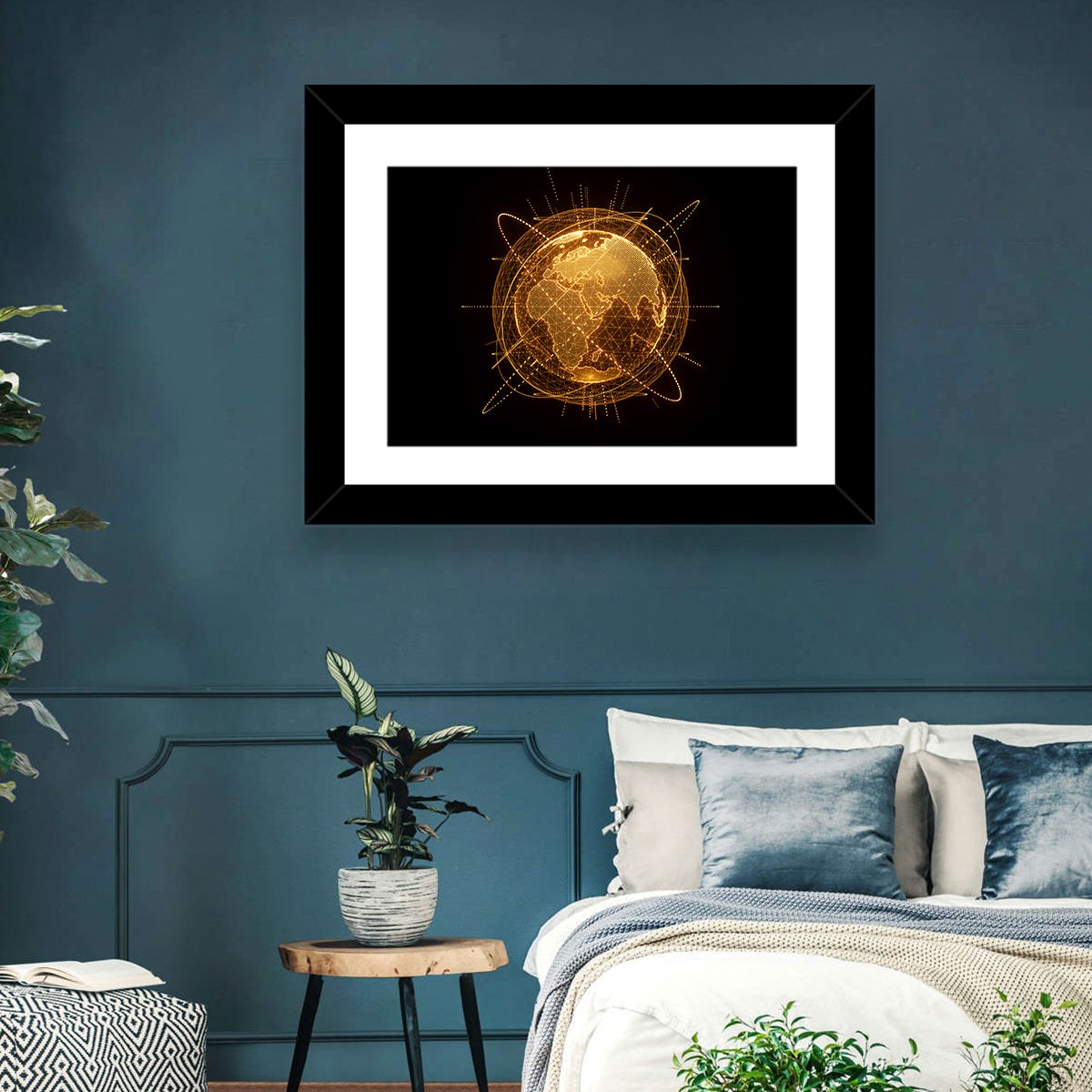 Golden Hologram Globe Wall Art in a room, landscape