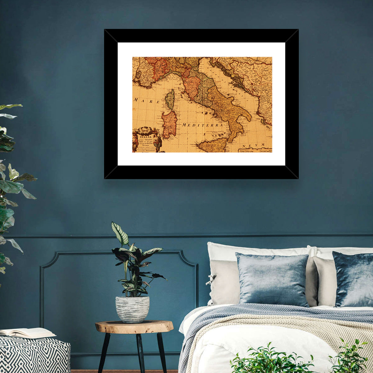 Antique Map of Italy with Ornate Cartouche Wall Art in a room, landscape