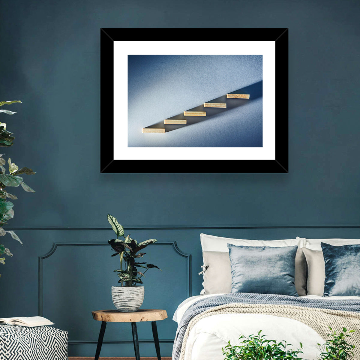 Five Wooden Steps Abstraction Wall Art in a room, landscape