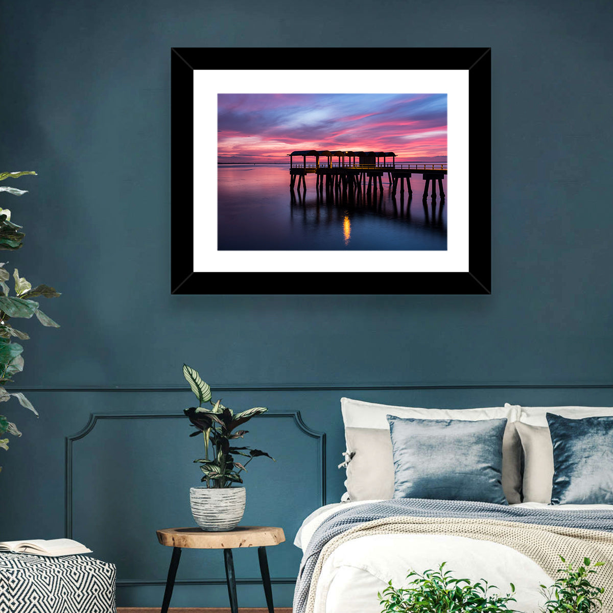 Jekyll Island Dusk Pier Wall Art in a room, landscape