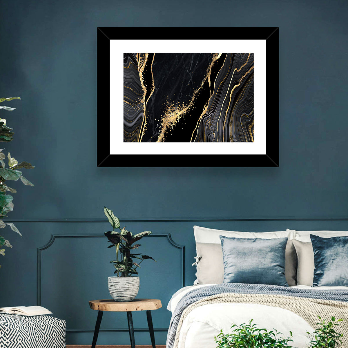 Gold Glitter Black Marble Abstract Wall Art