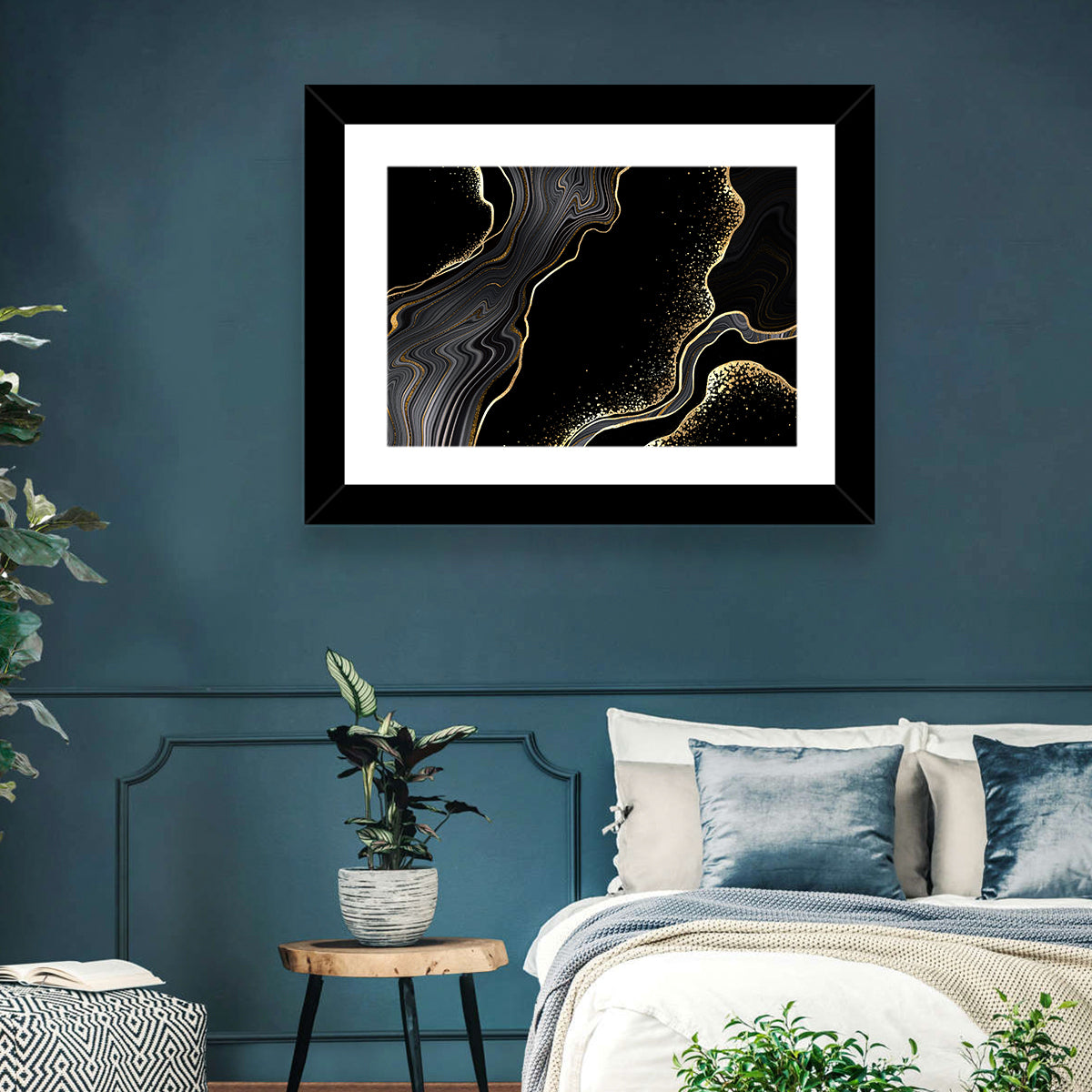 Black Marble with Gold Veins Wall Art in a room, landscape