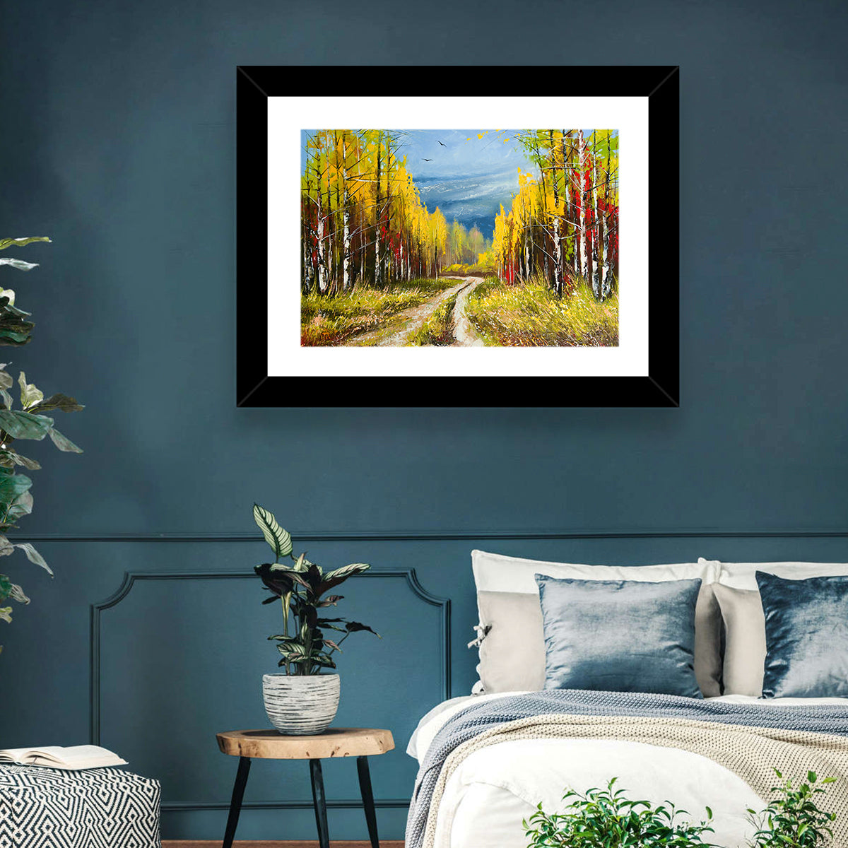 Autumn Birch Path with Two Birds Wall Art in a room, landscape
