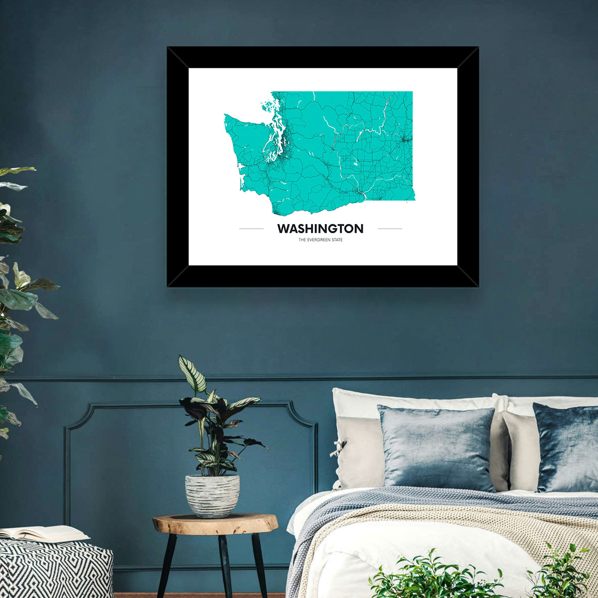 Washington State Minimalist Map Wall Art in a room, landscape