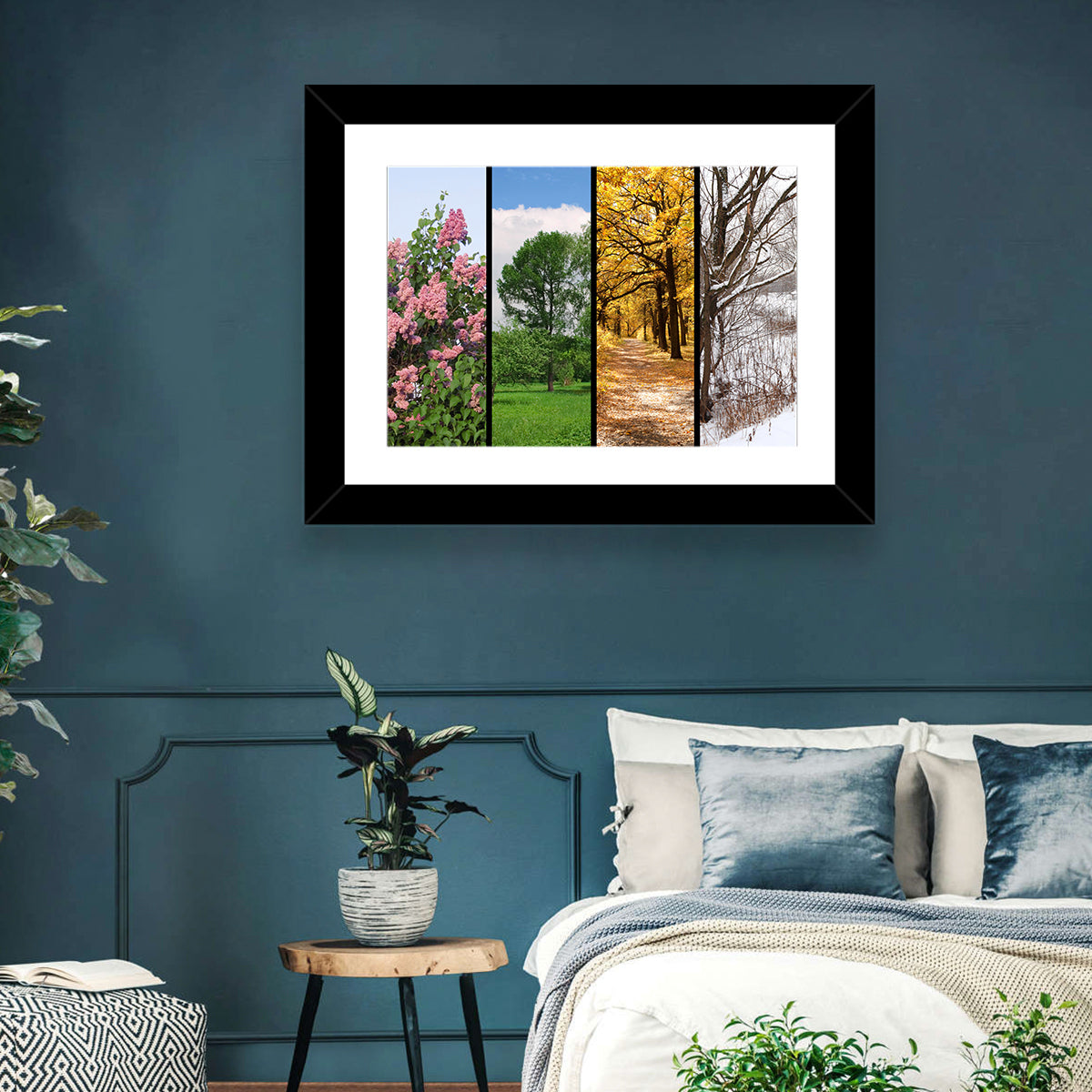 Four Seasons Tree Collage Wall Art in a room, landscape