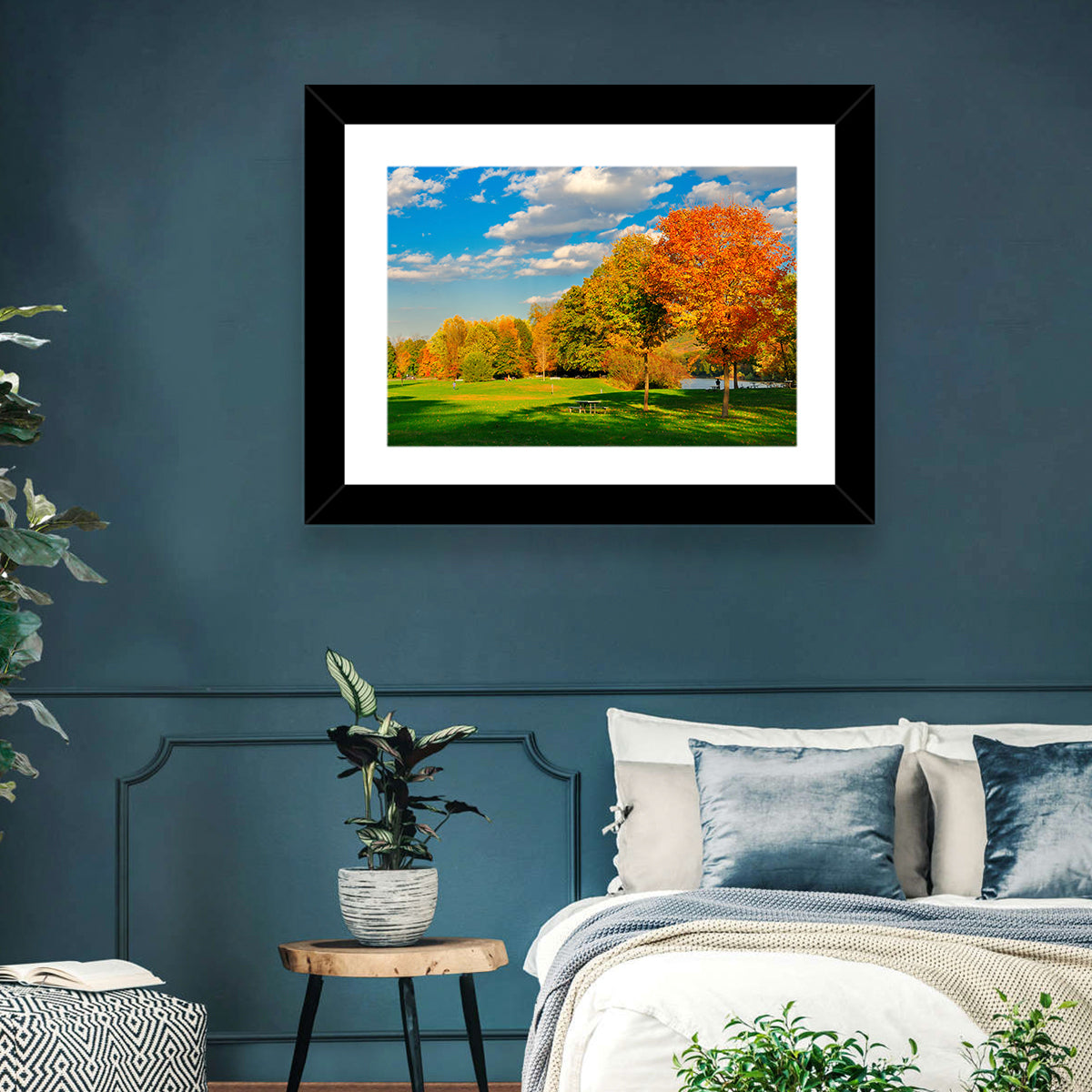 Autumn Trees and Lakeside Lawn Wall Art in a room, landscape
