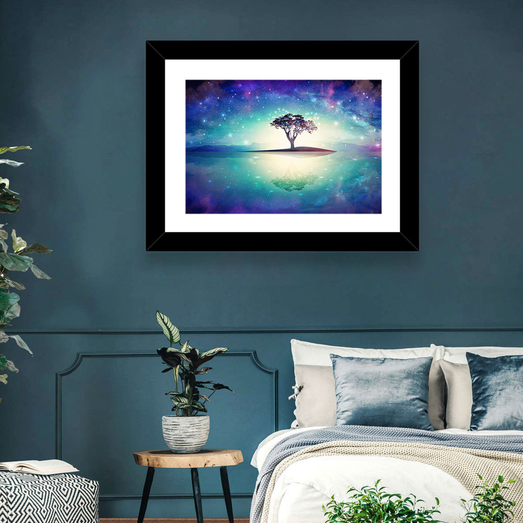 Glowing Island Tree Under Starry Nebula Wall Art